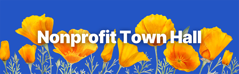 Nonprofit Town Hall banner graphic with orange flowers in background