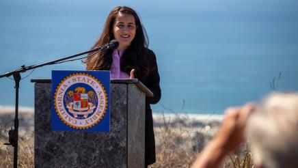 Senator Monique Limón at podium, speaking