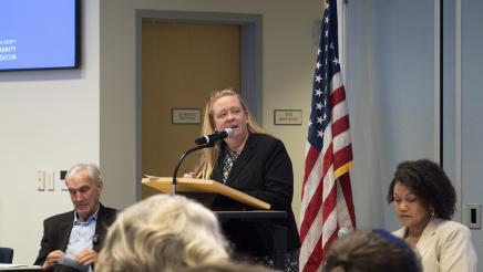 Dena Jenson (center) of CLU Center for Nonprofit Leadership moderating the panel
