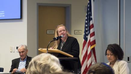 Dena Jenson (center) of CLU Center for Nonprofit Leadership moderating the panel