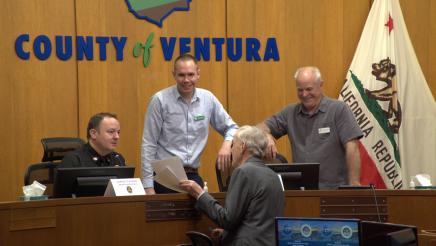 Asm. Bennett (bottom middle) goes over event agenda with panelists. Left to right: Joe Morelli, Fire Marshal, Ventura County Fire Department; Stephen Watson, Executive Director, Ventura Regional Fire Safe Council; and Chris Danch, Executive Director, Ojai Fire Safe Council. 